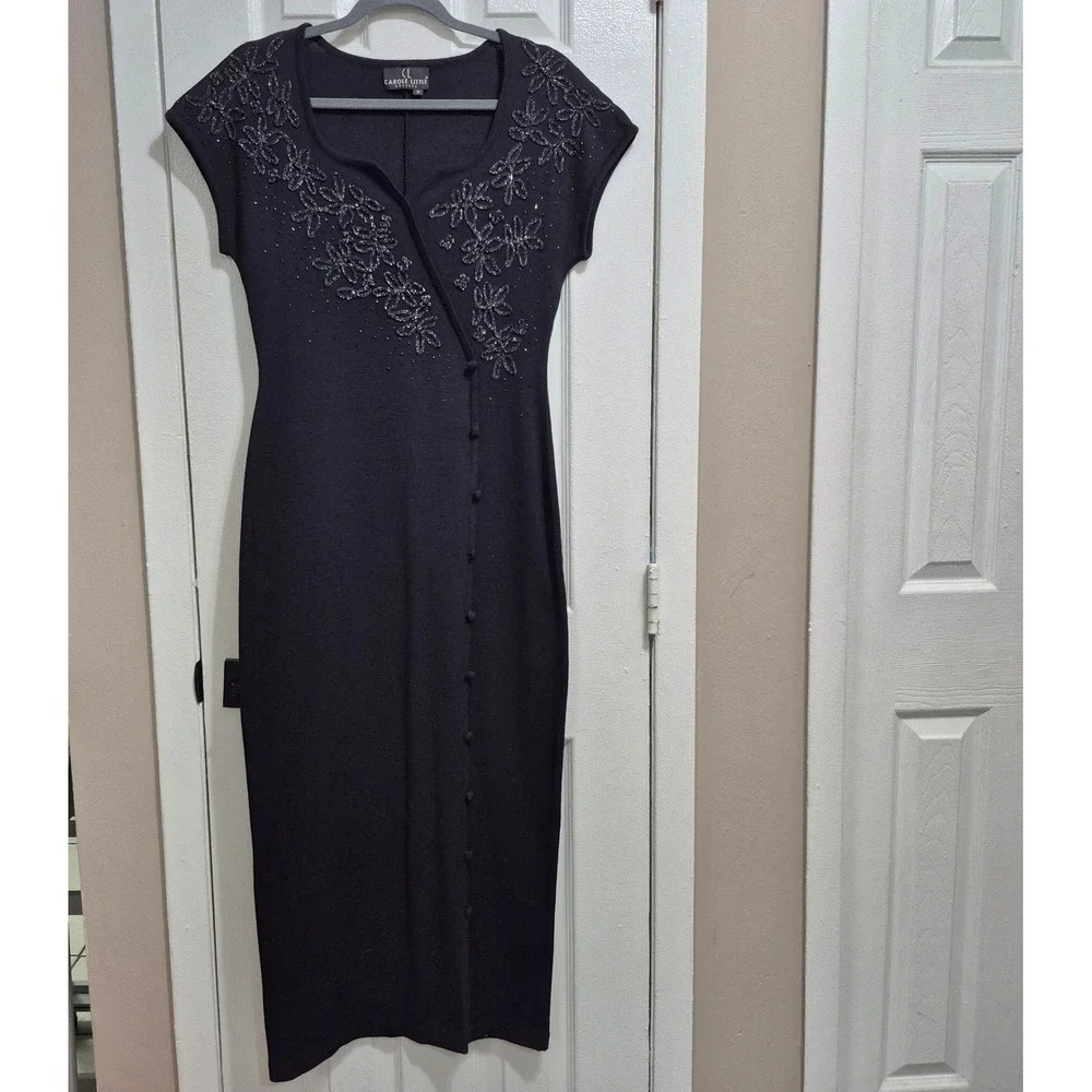 Carole Little Dresses Black Beaded Floral Knit Midi Dress Short Sleeve Womens M